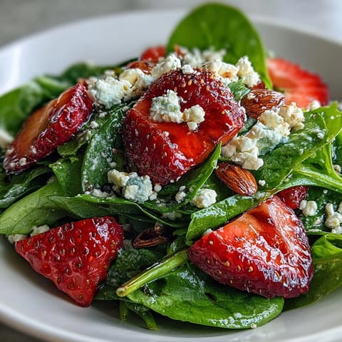 Colorful strawberry spinach salad topped with creamy feta and golden toasted almonds for a refreshing vegetarian meal.  