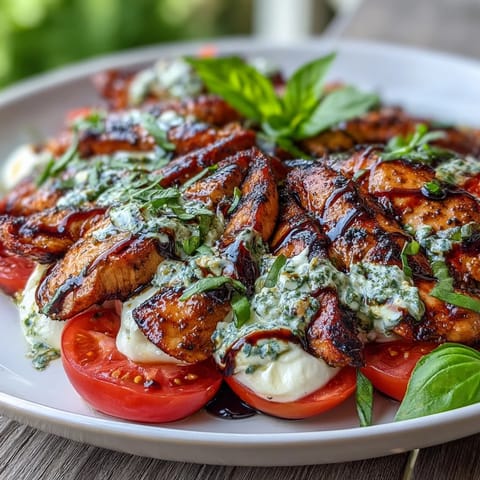 Juicy grilled chicken breast slices served over mixed greens with ripe tomatoes, creamy mozzarella, fragrant basil, and sweet balsamic glaze.  
