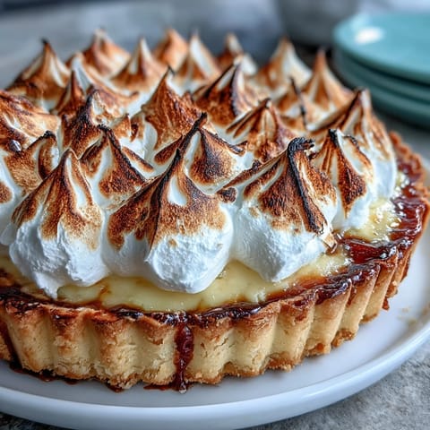 Vibrant passionfruit tart with tangy curd filling and golden meringue topping in a buttery pastry shell.