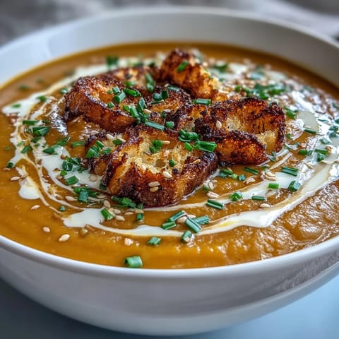 Creamy roasted butternut squash blended with savory miso paste, served in a rustic bowl with a swirl of sour cream and fresh chives.  