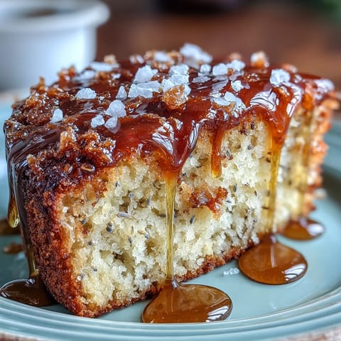 Elegant lavender honey cake with salted drizzle, floral notes, and golden honey glaze, perfect for spring gatherings.