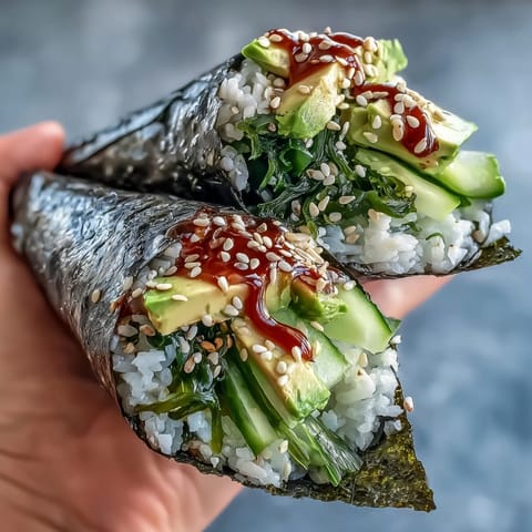 Vibrant seaweed salad sushi hand rolls with seasoned rice and crisp nori, perfect for a light Japanese appetizer or healthy snack.
