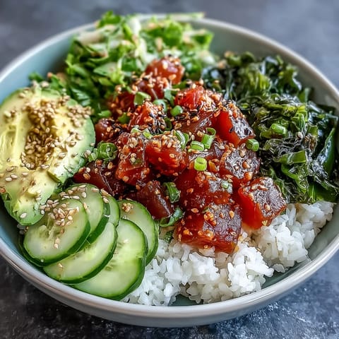Spicy tuna poke bowl with marinated tuna, sushi rice, avocado, and cucumber, garnished with sesame seeds and seaweed.