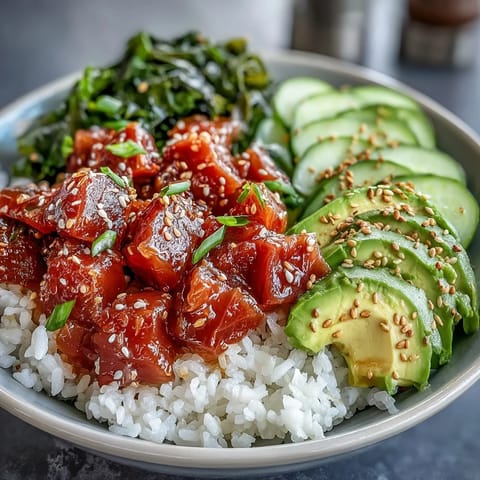A vibrant Hawaiian poke bowl featuring spicy tuna, creamy avocado, fresh cucumber, and sushi rice, topped with sesame seeds.