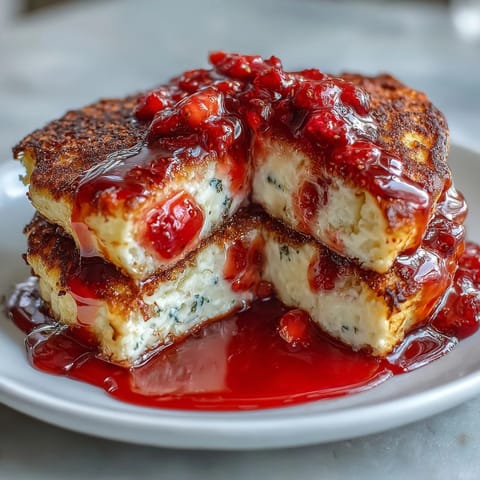 Fluffy cottage cheese pancakes topped with vibrant homemade strawberry syrup for a protein-rich breakfast.