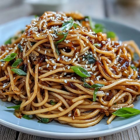 Asian Ginger Scallion Noodles with Soy Glaze, a fragrant and savory dish of tender noodles tossed with fresh ginger, scallions, and a rich soy glaze.  