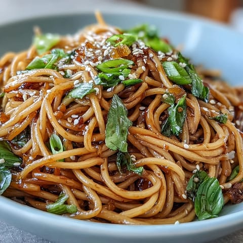 Vibrant Asian Ginger Scallion Noodles with Soy Glaze, featuring aromatic ginger, crisp scallions, and a sweet-savory soy glaze in every bite.  