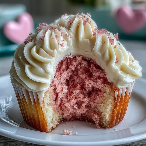 A batch of soft, pink velvet cupcakes topped with swirls of creamy cream cheese frosting, perfect for Galentine's Day celebrations.