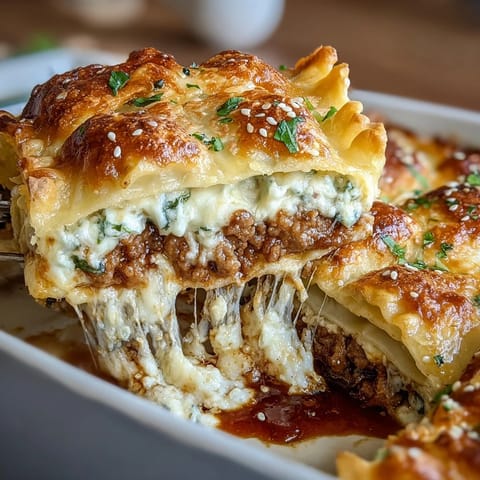 Cheesy dumpling lasagna bake with ground pork and cabbage, layered in a golden, bubbling casserole dish.  