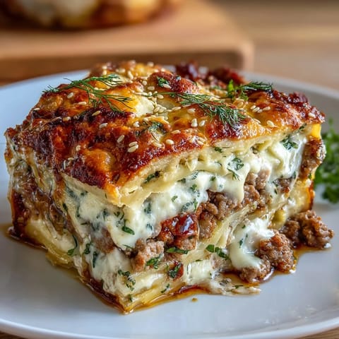 Flavorful layers of pork, cabbage, and dumpling wrappers baked with savory sauce and melted mozzarella cheese.  
