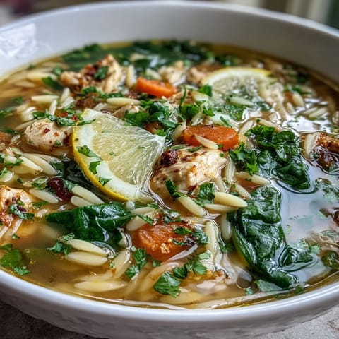 Bright lemon chicken orzo soup with tender chicken, fresh spinach, and zesty lemon—perfect for a cozy, healthy meal.