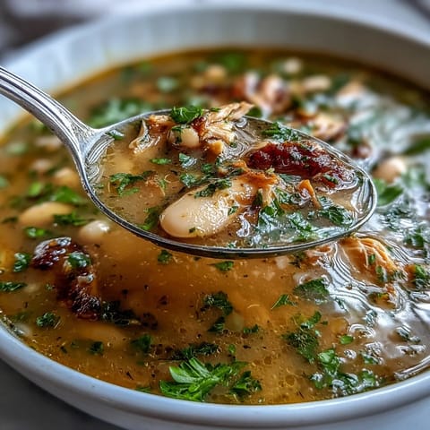 Hearty smoked turkey and white bean soup with fresh herbs, tender vegetables, and rich broth in a rustic bowl.  