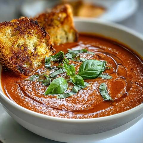 A steaming bowl of creamy tomato basil soup garnished with fresh herbs, served with golden sourdough bread dippers for dipping.
