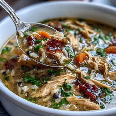 A steaming bowl of chicken and wild rice soup with tender chicken, sweet carrots, and nutty rice in a savory broth.
