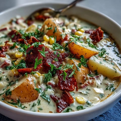 Creamy ham and potato chowder with celery and sweet corn, garnished with fresh parsley and served in a rustic bowl.