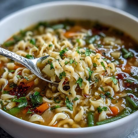A steaming bowl of simple vegetable noodle soup, filled with colorful carrots, celery, and tender egg noodles in savory broth.