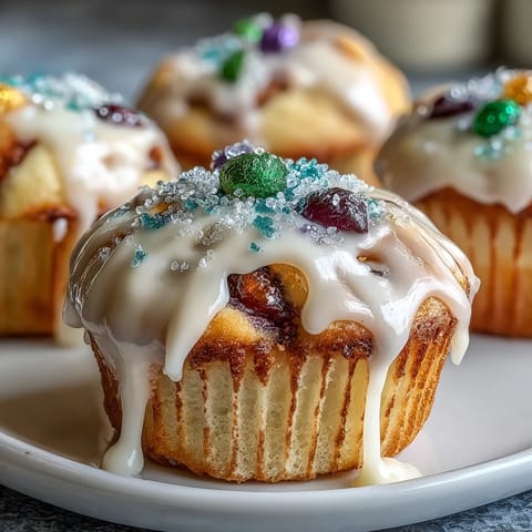 Festive mini cupcakes topped with colorful sanding sugar, capturing the spirit of Mardi Gras in every bite-sized King Cake treat.