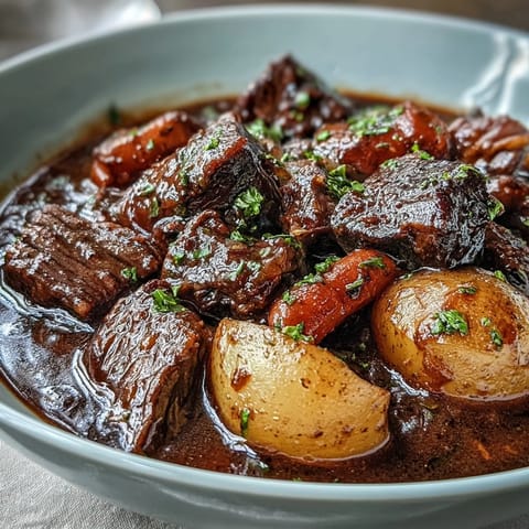 A warm bowl of cozy beef stew with tender chunks of beef and root vegetables in a rich, savory broth.  