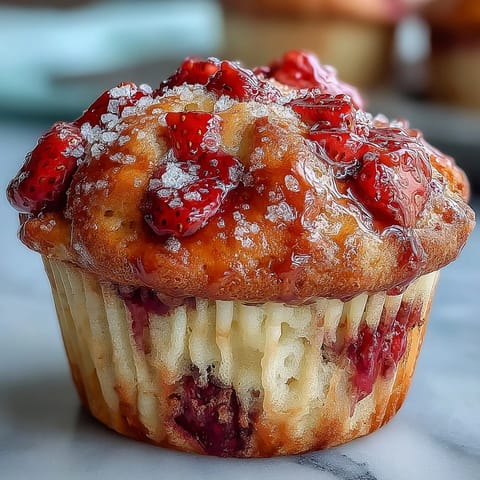 Golden strawberry yogurt muffins with juicy fresh berries and a tender crumb, perfect for a delicious breakfast or snack.