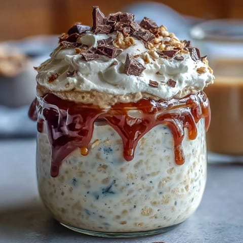 Creamy vanilla bean frappuccino overnight oats dessert jar with whipped cream, chocolate shavings, and caramel drizzle, perfect for breakfast or dessert.