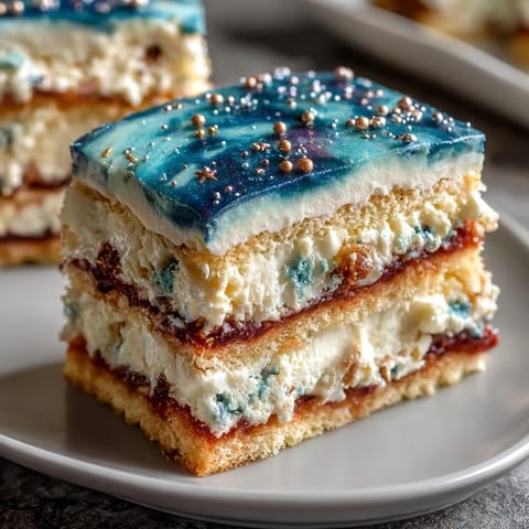 Pisces-Themed Galaxy Cake with Edible Glitter: a stunning, celestial layer cake with swirls of blue and purple buttercream, shimmering edible glitter, and a moist vanilla sponge.  