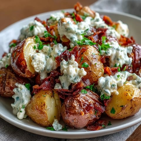 Loaded baked potato salad with tender roasted potatoes, crispy bacon, sharp cheddar, and scallions in smoky BBQ dressing.  