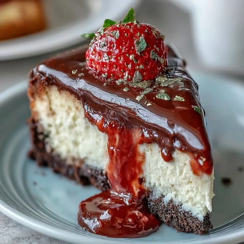Decadent Dubai chocolate strawberry cheesecake cups with a rich chocolate biscuit base and creamy vanilla filling, topped with fresh strawberries and a dark chocolate drizzle.