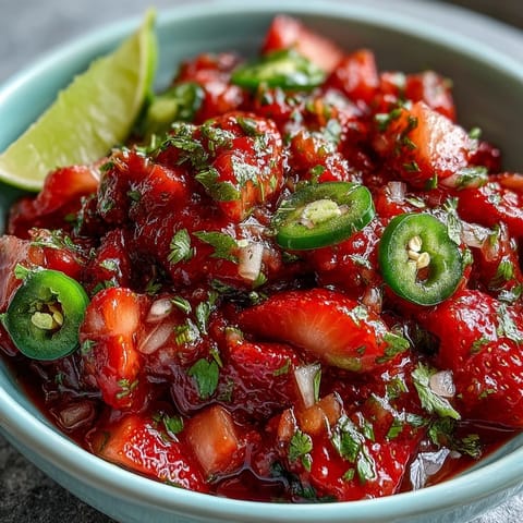 Fresh strawberry salsa with lime and jalapeño served in a white bowl with tortilla chips on the side.