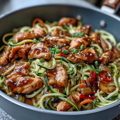 Healthy Easy Zucchini Noodle Stir Fry with Chicken featuring tender chicken, vibrant vegetables, and savory Asian sauce served in a steaming skillet.