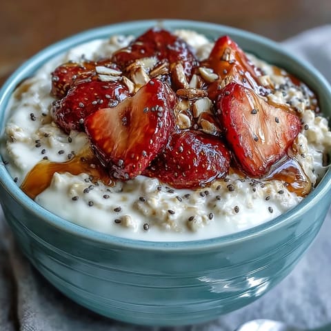 Healthy Easy Overnight Oats with Strawberry and Chia in a jar, topped with fresh berries and crunchy nuts for a wholesome breakfast.