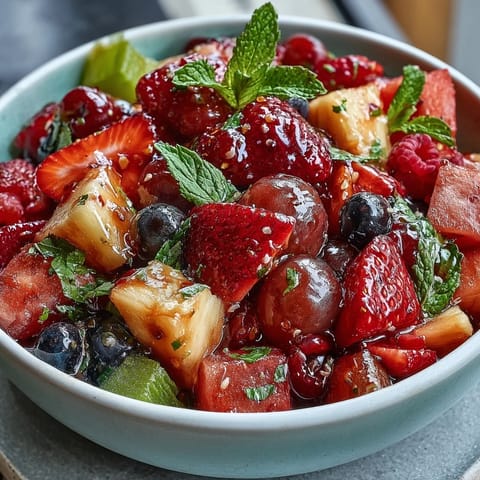 Vibrant bowl of strawberry lemonade fruit salad with juicy strawberries, blueberries, and pineapple, dressed in a zesty honey-lemon glaze.