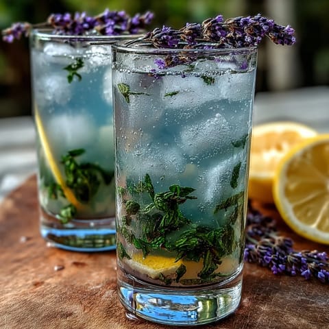 A refreshing glass of iced lavender lemonade garnished with fresh mint and lemon slices.