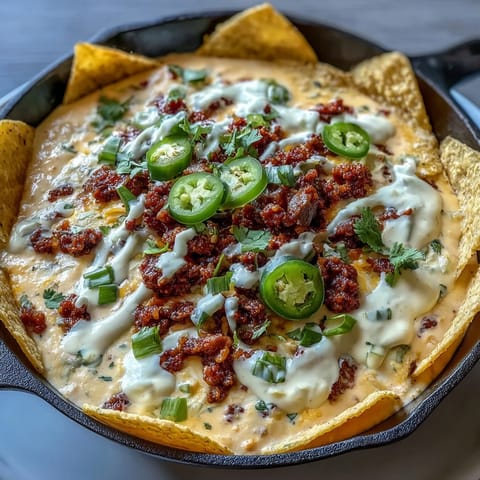 Creamy cheese dip topped with spicy chorizo, fresh pico de gallo, jalapeños, and avocado, served with crunchy tortilla chips.