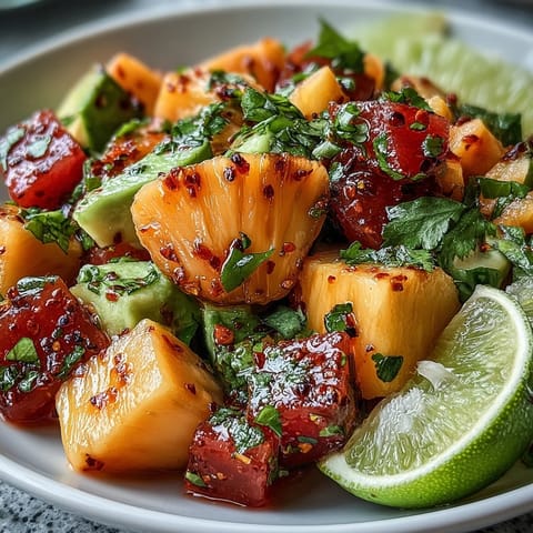 Colorful tropical fruit cups featuring ripe mango, pineapple, and watermelon tossed in tangy lime and chili spice.