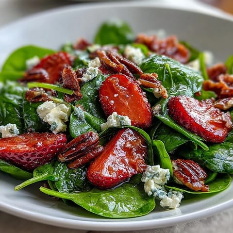 Fresh strawberry spinach salad with creamy goat cheese, candied pecans, and tangy balsamic dressing.  