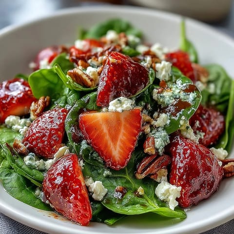 Springtime spinach salad bursting with juicy strawberries, crunchy candied pecans, and tangy balsamic vinaigrette.  