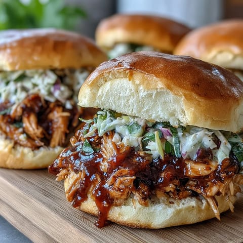 Pulled BBQ Chicken Sandwiches with tender shredded chicken in smoky barbecue sauce on soft buns.