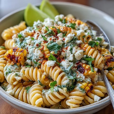 Elote Corn Pasta with Cotija: A colorful summer pasta salad with charred corn, creamy dressing, and crumbled cheese.