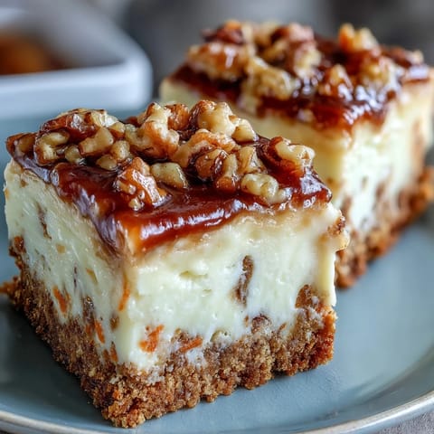 Creamy carrot cake cheesecake bars with swirls of spiced cake and rich cheesecake, topped with crunchy nuts and a hint of cinnamon.