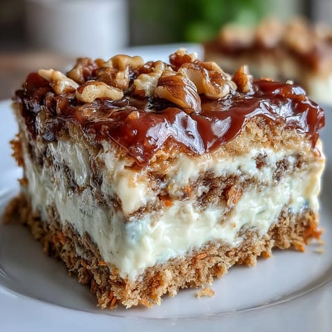 Decadent layered carrot cake cheesecake bars featuring a moist spiced cake base, velvety cheesecake center, and walnut-studded topping.