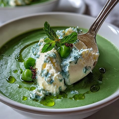 A vibrant bowl of spring pea soup topped with fluffy whipped ricotta and a drizzle of fresh mint oil.