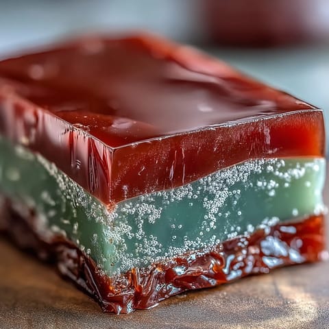 A slice of yokan with red bean and matcha jelly layers, served chilled on a white plate.  