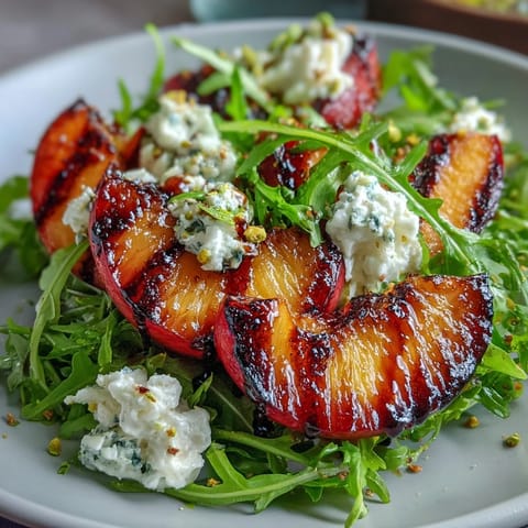 Bright summer salad with grilled peaches, creamy burrata, and honey-balsamic dressing.