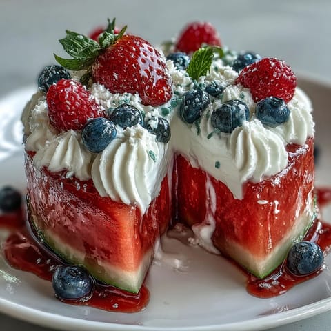 Festive 4th of July Watermelon Pizza bursting with fresh berries and creamy topping.