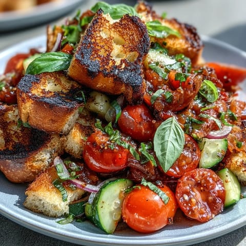 Vibrant Summer Panzanella with grilled bread and tomatoes, overflowing with fresh juicy produce.