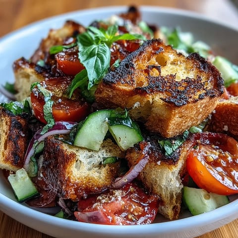 A delicious bowl of Summer Panzanella showcasing toasted bread, ripe tomatoes, and fresh herbs.