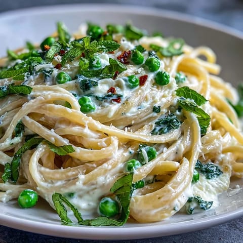 Creamy Lemon Ricotta Pasta with vibrant peas and fresh mint, a delightful spring meal.
