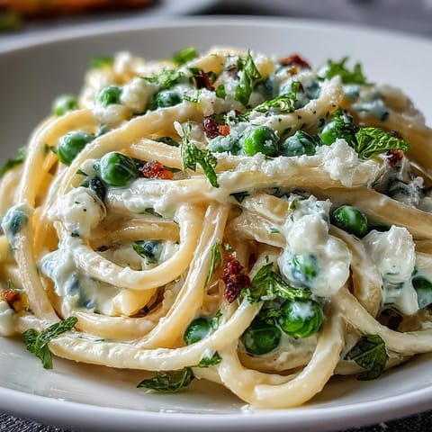 A bowl of luscious Lemon Ricotta Pasta tossed with tender peas and fragrant minty goodness.