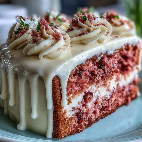 Elegant pink rosé velvet cake with decadent cream cheese frosting and edible gold.