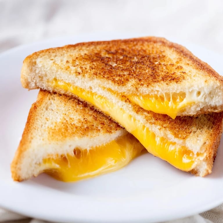 A close-up of a perfectly cooked grilled cheese sandwich, oozing delicious, melted cheese.